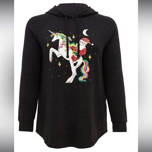 Torrid Plus Size 00 SEQUIN SANTA UNICORN BLACK FLEECE TUNIC HOODIE Christmas